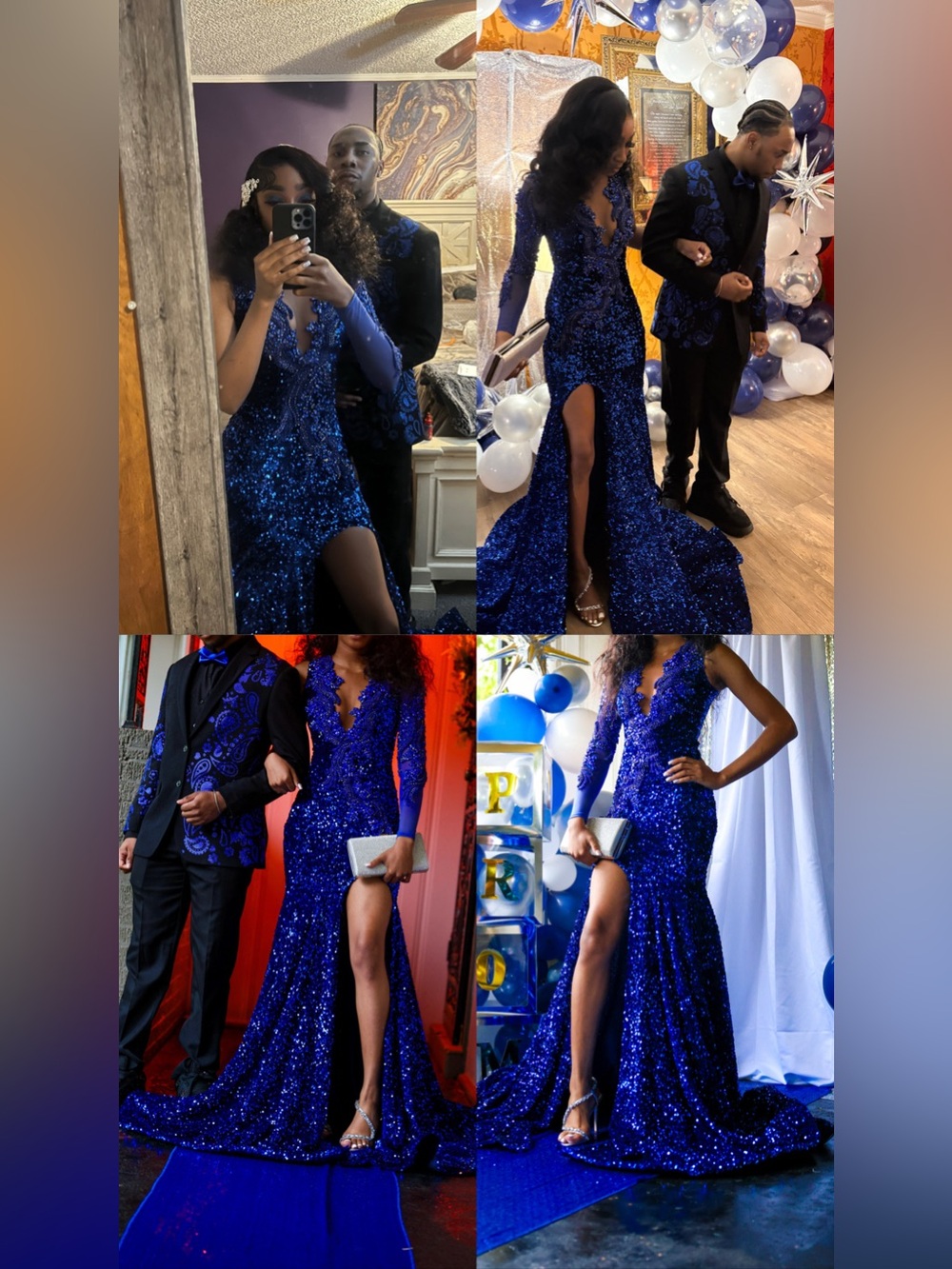 Elegant Royal Blue Sequin Evening Gown with Thigh Slit